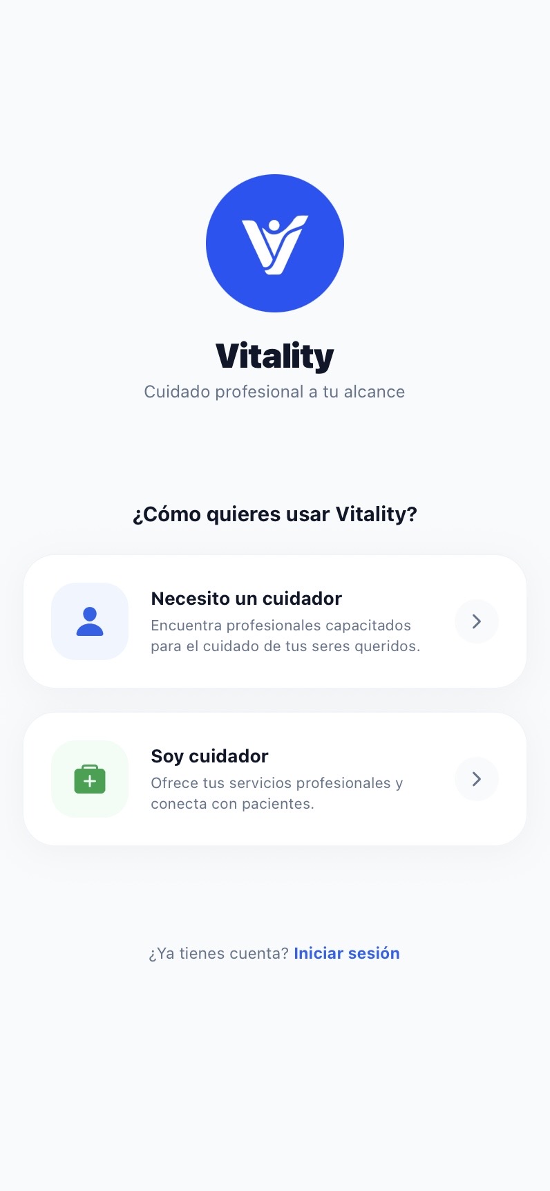 Vitality — pantalla de cuidador