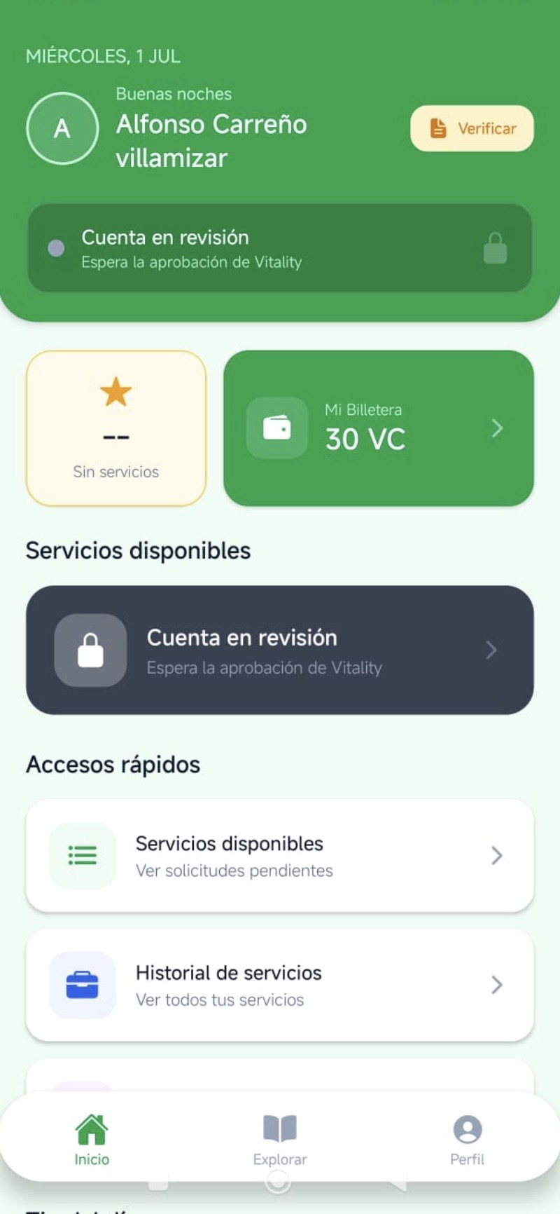 Vitality — pantalla de la app